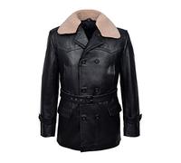 Men’s German Pea Coat Classic Reefer Military Hide Leather Jacket DR-Who (Large, Black/White)