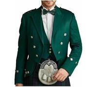 Men’s Green Wool Prince Charlie Doublet Kilt Jacket with Matching Waistcoat Vest (Green, 54" L)