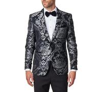 Men’s Grey Floral Foliage on Black Jacquard Jacket Tailored Fit Velvet Shawl Lapel Blazer [BLZ-311-GREY-50]