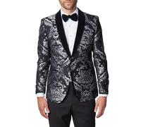 Men’s Grey Floral Foliage on Black Jacquard Jacket Tailored Fit Velvet Shawl Lapel Blazer [BLZ-311-GREY-VELVET-44]