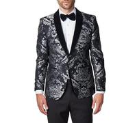 Men’s Grey Floral Foliage on Black Jacquard Jacket Tailored Fit Velvet Shawl Lapel Blazer [BLZ-311-GREY-VELVET-40]