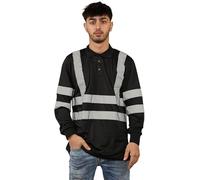Men’s Hi Vis Long Sleeve Polo Shirt, High Visibility Reflective Workwear Top with 2 Band Tape, Soft and Comfortable Safety Workwear Security Shirts Black-L