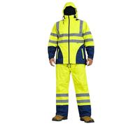 Men’s Hi Vis Waterproof Rain Suit, Reflective High Visibility Jacket & Trousers Set, Hi Viz Workwear Waterproof Over Suit with Hood, Safety Rain Gear Suits (Full Zip Suit, Yellow Navy, Large)