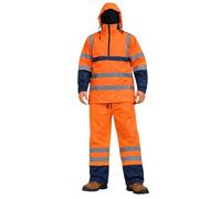Men’s Hi Vis Waterproof Rain Suit, Reflective High Visibility Jacket & Trousers Set, Hi Viz Workwear Waterproof Over Suit with Hood, Safety Rain Gear Suits (Half Zip Suit, Orange Navy, Large)