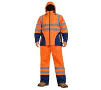 Men’s Hi Vis Waterproof Rain Suit, Reflective High Visibility Jacket & Trousers Set, Hi Viz Workwear Waterproof Over Suit with Hood, Safety Rain Gear Suits (Full Zip Suit, Orange Navy, Large)