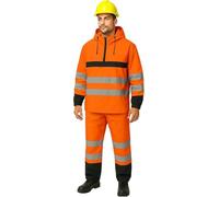 Men’s Hi Vis Waterproof Rain Suit, Reflective Safety Jacket & Trousers, Lightweight Breathable Workwear with Hooded Jacket & Pants, Durable Outdoor Gear (Orange, S)