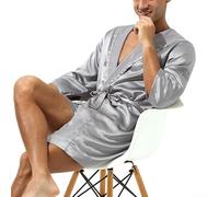 Men’s Hooded Satin Kimono Style Bathrobe with Loose Fit Simulation Silk Fabric, Comfortable Nightwear and Loungewear Gown for Relaxing Evenings or Lazy(L Gray)