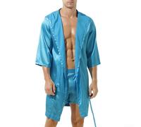 Men’s Hooded Satin Kimono Style Bathrobe with Loose Fit Simulation Silk Fabric, Comfortable Nightwear and Loungewear Gown for Relaxing Evenings or Lazy(L Blue)