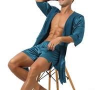 Men’s Hooded Satin Kimono Style Bathrobe with Loose Fit Simulation Silk Fabric, Comfortable Nightwear and Loungewear Gown for Relaxing Evenings or Lazy(L Dark Blue)