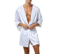 Men’s Hooded Satin Kimono Style Bathrobe with Loose Fit Simulation Silk Fabric, Comfortable Nightwear and Loungewear Gown for Relaxing Evenings or Lazy(L White)