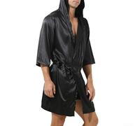 Men’s Hooded Satin Kimono Style Bathrobe with Loose Fit Simulation Silk Fabric, Comfortable Nightwear and Loungewear Gown for Relaxing Evenings or Lazy(L Black)