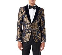 Men’s Jacquard Blazer Gold Brocade on Flocked Navy Velvet Tailored Fit Tux Jacket [BLZ-311-BLUE-VELVET-40]