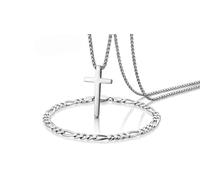 Men’s Jewelry Set Cross Necklace & 5mm Figaro Bracelet Set, Stainless Steel Silver Chain Necklace with Cross Pendant, Classic Italian Link Bracelet for Men, Christian Jewelry Gift for Father’s Day