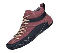 Men’s Lace-Up Leather Ankle Trainers with Contrast Panels, Casual Walking Shoes with Cushioned Insole, Anti-Slip Rubber Sole, Zigzag Midsole Stitching for Enhanced Structural Rigidity Red