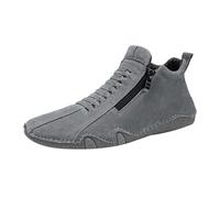Men’s Leather Ankle Trainers with Lace-Up Closure, Contrast Panel Casual Shoes with Cushioned Insole, Rubber Anti-Slip Sole, Wave-Edge Midsole Stitching for Enhanced Sidewall Grip Grey
