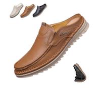 Men‘s Leather Casual Slip On Backless Loafers, Soft Non-Slip Rubber Sole