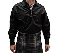 Men’s Long Sleeve Shirt, Jacobite Ghillie Shirt for Kilts, w/Leather Tie, Black, Medium