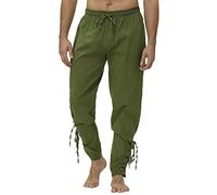 Men’S Medieval Trousers Cotton Linen Gothic Pants for Men Viking Renaissance Costume Drawstring Elastic Waist Trousers with Pocket Wide Leg Baggy Streetwear Cosplay Costume Trouser for Men Green