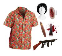 Men’s Miami Gangster Costume - Red Hawaiian Shirt, Wig, Fake Blood, Slash Scar, Prop Cigar & Inflatable Machine Gun - Adult Halloween Fancy Dress Costumes - Large