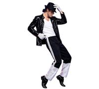 Men’s Michael Fancy Dress Costume Full Sequined Performance Outfit Stretch Sequins Jacket Trousers Gloves Hat Vest Complete Set for Halloween Party Tribute Concert Stage Show (L)