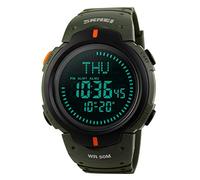 Men’s Military Sports Digital Watch with Survival Compass 50M Waterproof Countdown 3 Alarm Stopwatch (C-Black) (Army Green)