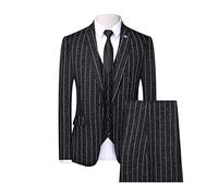 Men’s Pinstripe 3 Piece Suit Slim Fit Elegant Business Wedding Party Blazer Vest Pants Tuxedo Set Casual Dress Suits (Black,2XL)
