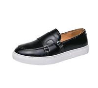 Men’s Plus Size Double Buckle Loafers British Style Low Top Casual Sneakers Trendy Business Shoes Comfortable Slip-On Footwear for Daily Wear(Black,11)