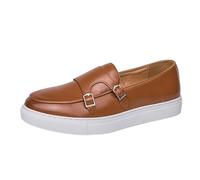 Men’s Plus Size Double Buckle Loafers British Style Low Top Casual Sneakers Trendy Business Shoes Comfortable Slip-On Footwear for Daily Wear(Brown,10.5)