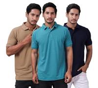 Men’s Polo T-Shirt Combo Pack of 3 - Sand | Navy Blue | Teal Green Solid Colors - Regular Fit Cotton Blend Short Sleeve Collared Tees with Two-Button Placket (UK, Alpha, XL, Regular, Regular)
