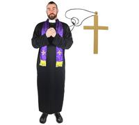 Men’s Priest Costume with Gold Cross Necklace - XXLarge - Long Black Robe with White Clerical Collar, Purple Scarf Vestment & Large Gold Cross - Deluxe Religious Novelty Fancy Dress Outfit