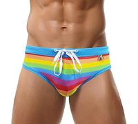 Men’s Printed Swimming Briefs Funny Pattern Summer Bikini Bottoms with Removable Pad Rainbow Stripes Sport Swimwear Thong Shorts Elastic Low Rise Drawstring Beach Board Trunks Rainbow L