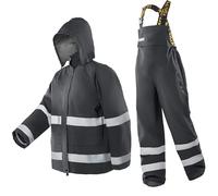 Men’s PRO Hi-Vis Waterproof Workwear Rain Jacket & Bib Trousers with Hood, 3-Piece Safety Durable Functional Nylon Oxford(Carbon,MD)