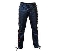 Men’s Real Cow Leather Front and Side Laced Trousers - Black & Red Motorcycle Pants - Durable and Stylish Fit (UK, Waist & Inseam, 34, 30, Black-RED)