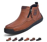 Men’s Retro Leather Hand-Stitching Slip On Ankle Boots, Orthopedic Wide Toe Non-Slip Mid Top Loafers Driving Shoes (7,Brown A)