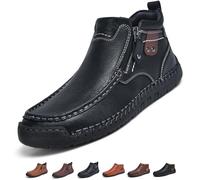 Men’s Retro Leather Hand-Stitching Slip On Ankle Boots, Orthopedic Wide Toe Non-Slip Mid Top Loafers Driving Shoes (6,Black A)
