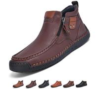 Men’s Retro Leather Hand-Stitching Slip On Ankle Boots, Orthopedic Wide Toe Non-Slip Mid Top Loafers Driving Shoes (6.5,Coffee A)