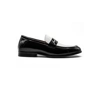 Men’s Retro Patent Leather Black & White Penny Loafers - Handmade Slip-On Moccasin with High-Shine Glossy Finish & Leather Lining, Classic Timeless Style [056-102-BLACK-WHITE-45]