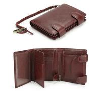 Men’s RFID Blocking Trifold Wallet - Genuine Leather with Anti-Theft Chain - 15 Card Slots, Slim Design with Coin Pocket, Red Brown, Genuine Leather
