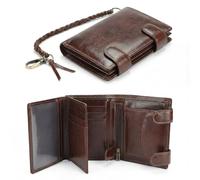 Men’s RFID Blocking Trifold Wallet - Genuine Leather with Anti-Theft Chain - 15 Card Slots, Slim Design with Coin Pocket, Coffee, Genuine Leather