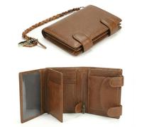 Men’s RFID Blocking Trifold Wallet - Genuine Leather with Anti-Theft Chain - 15 Card Slots, Slim Design with Coin Pocket, Brown, Genuine Leather