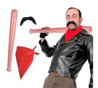Men’s Ruthless Survivor Costume Set - Leather Look Jacket, Red Bandana, Inflatable Bat & Moustache for Fancy Dress & Cosplay - Small