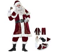 Men’s Santa Costume Set Christmas 8pcs Red Deluxe Velvet Adult Cosplay Christmas Costume Santa Claus Suit(5XL)