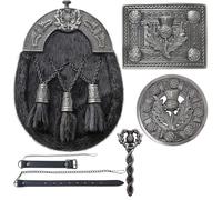 Men’s Scottish Kilt Sporran Set - Premium Full Dress 5 Piece Kilt Outfit, Leather Thistle sporran Matching Belt Buckle, Pin Brooch - Perfect Kilt Accessory For Men