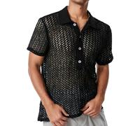 Men’s See Through Button Down Shirts Breathable Comfortable Mesh Top Sheer Lace Casual Shirts Fishnet Sexy Club Tops for Beach Holiday Outgoing Black XXL