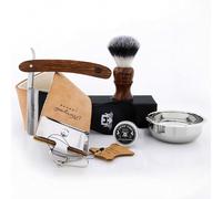Vintage Style Men's Shaving Set with Synthetic Hair Shaving Brush,Cut Throat Razor/Barber Style Razor, Pure Leather Strop & Sharping Paste,Stainless Steel Bowl with Free Aluminum Stick (Dark Brown)