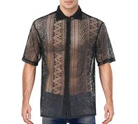 Men’s Sheer See Through Short Sleeve Shirts Casual Party Club Mesh Floral Top Fishnet Transparent Polo Shirts See Through Button Down Shirts Black 3XL