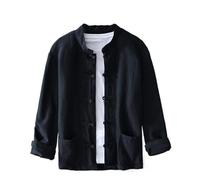Men’s Shirts Chinese Tang Style Stand Collar Retro Cotton Linen Large Casual Tops for Men-Black-L