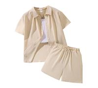 Men’s Short Sleeve Striped Button Down Shirt for Casual Business Wear, Lightweight Wrinkle-Resistant Cotton Blend, Regular Fit with Chest Pocket (Beige, 10-11 Years)