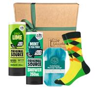 Men’s Shower Gift Set - Original Source Mint & Tea Tree + Zingy Lime Shower Gels (250ml), Shower Loofa & Colourful Men’s Funky Socks - Perfect Seasonal Gift for Him