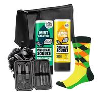 Men’s Shower Gift Set - Original Source Zesty Lemon & Mint & Tea Tree Shower Gels (250ml), Puff Loofah, Funky Men’s Socks, Manicure Set in Black Case & Black Toiletry Bag - Perfect Gift